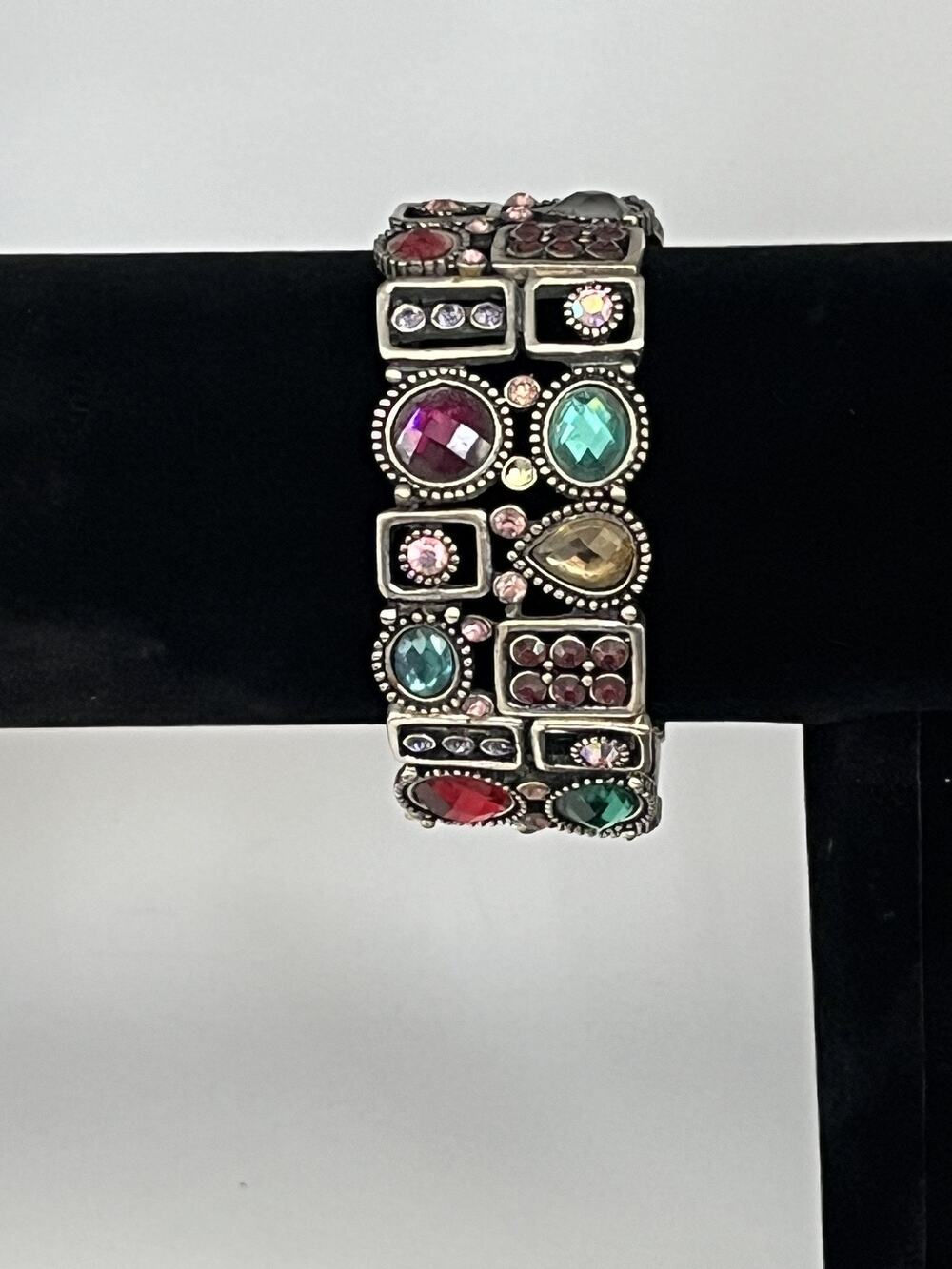 Rhinestone Stretch Cuff Bracelet. Multiple Colors on Silver Tone Metal